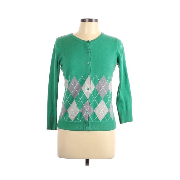 The Limited Sweaters - The Limited Cardigan Knit Sweater Green Retro Diamond Print Size L